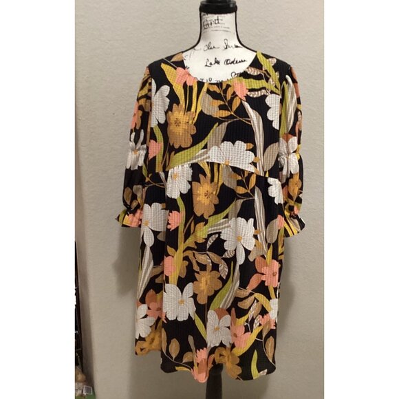Who What Wear Black Floral Boho Tunic Dress With 3/4 Ruffle Sleeves & Back Butto - Picture 2 of 5